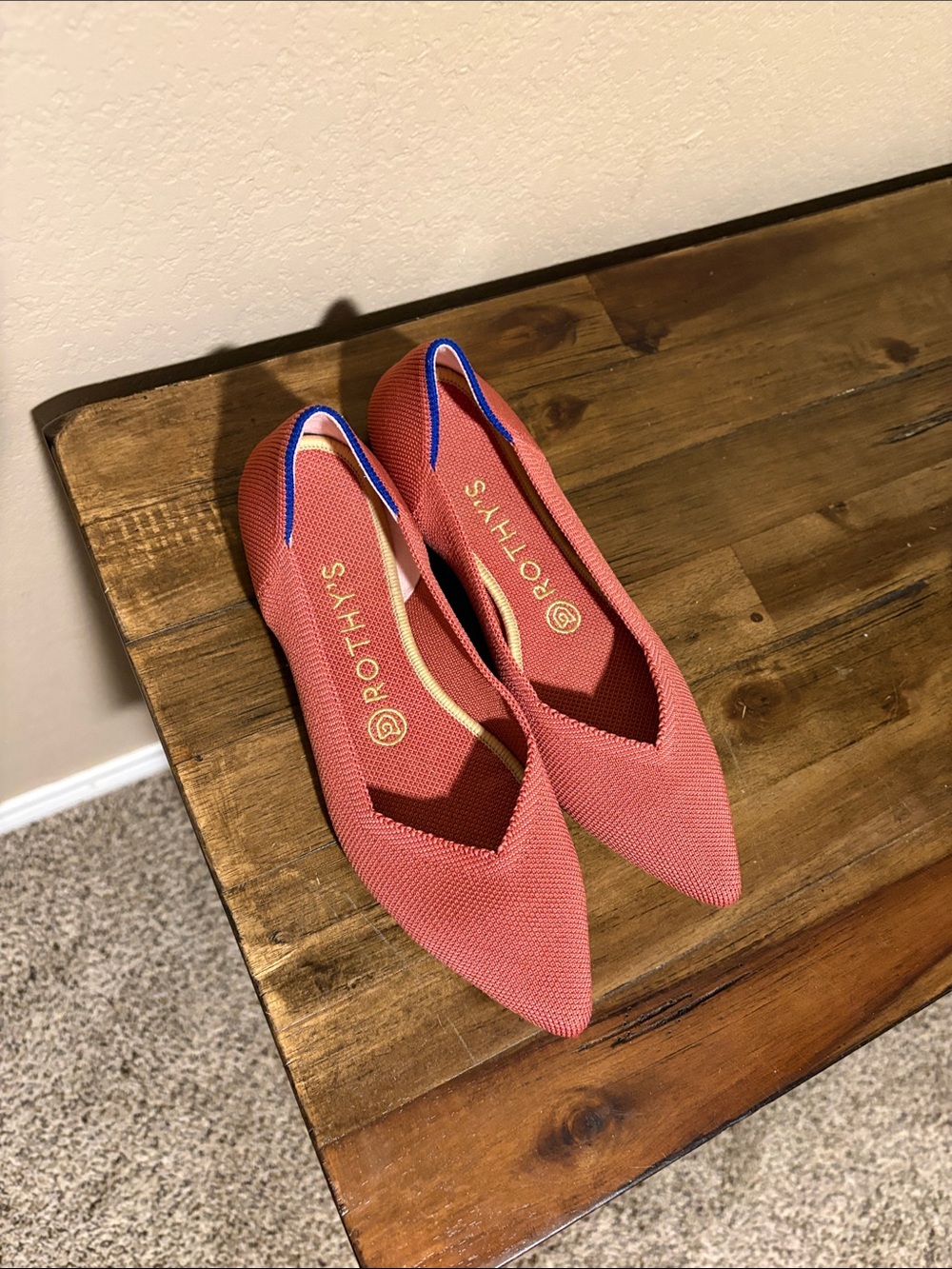 Rothy's Pointed Knit Flats in Coral with Blue Trim